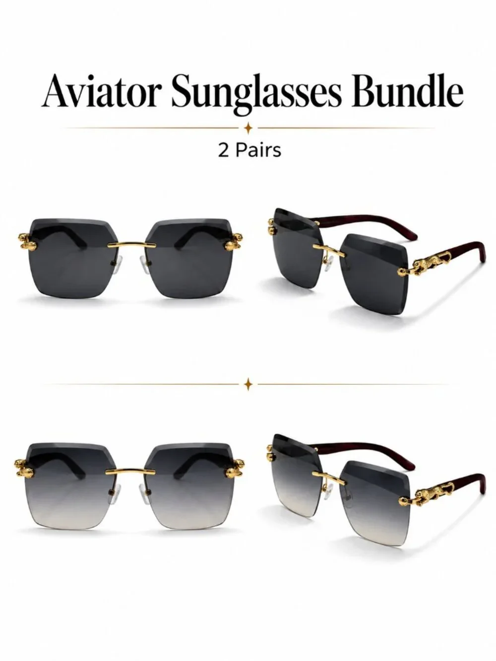 2-Pc Luxury Rimless Square Sunglasses Bundle – Black & Light Black Gradient Lens